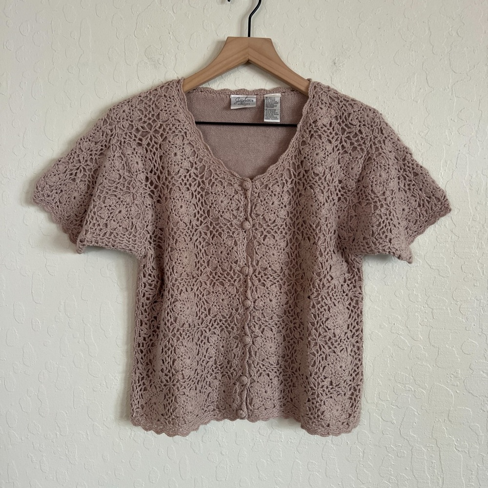 Vintage 90s Jaclyn Smith Short Sleeve Floral Crochet Knit Cardigan Medium Brown